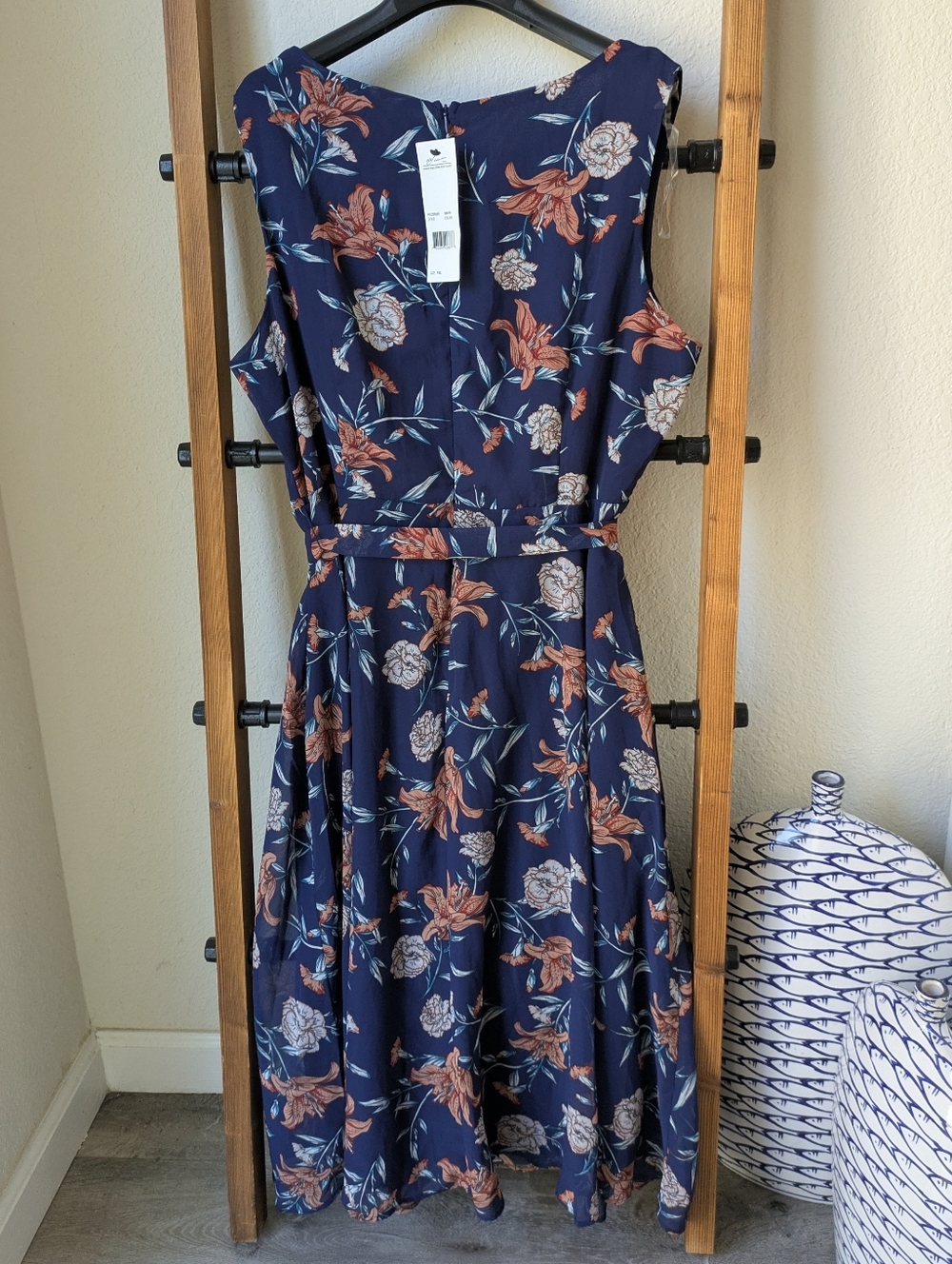 NWT NY Collection Women's Navy Floral Tie-Waist Midi Dress - Picture 5 of 8